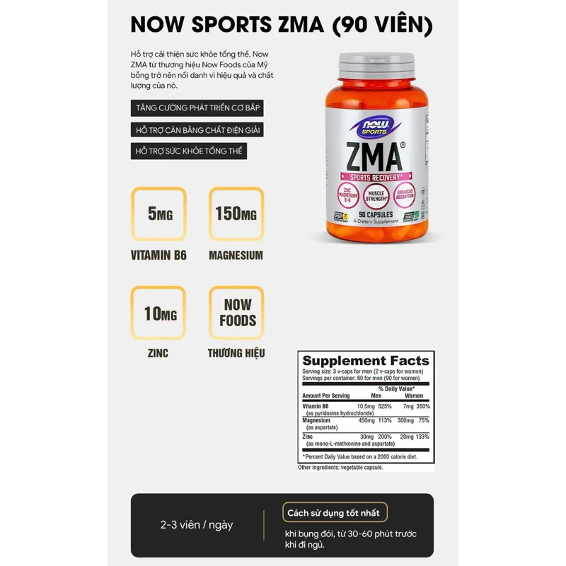 Viên Now ZMA Bổ Sung Vitamin Và Khoáng Chất Giúp Cải Thiện Giấc Ngủ Và Phục Hồi Cơ Bắp