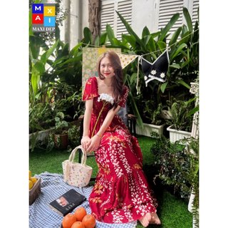 Đầm Maxi Cánh Tiên Freesize Họa Tiết Nền Đỏ Rực Rỡ