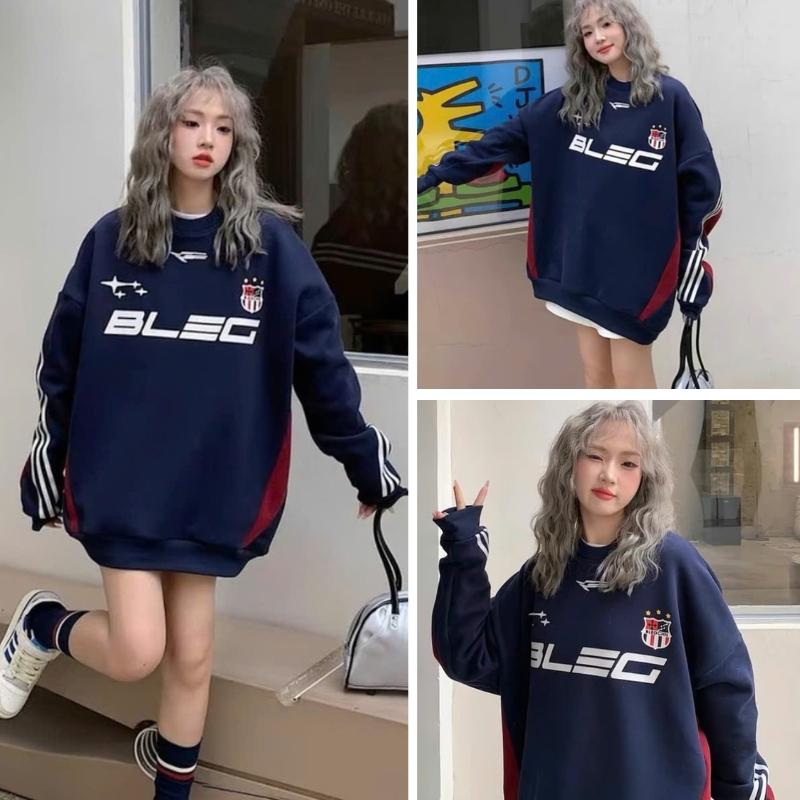 Áo sweater nỉ nữ form rộng dài tay Bleg chất liệu nỉ ngoại dày dặn cao cấp cổ tròn xanh than 3 sọc ở tay thể thao