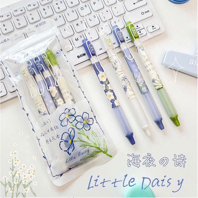 Set 4 bút gel MURA Little Daisy mực đen chính hãng - ngòi ST 0.5mm - bút gel cao cấp