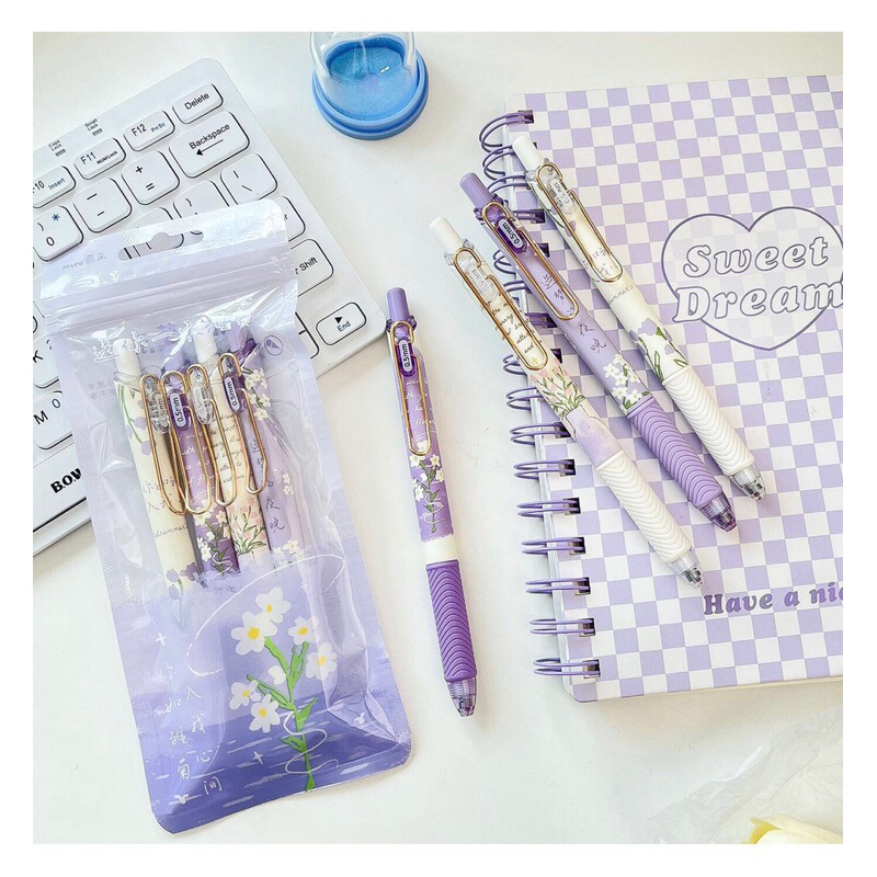 Set 4 bút gel MURA Purple Little Daisy mực đen chính hãng- ngòi 0.5mm