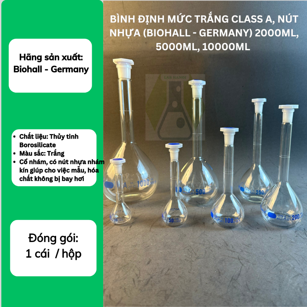 Bình định mức trắng class A, nút nhựa (BIOHALL - GERMANY) 2000ml, 5000ml, 10000ml - LABHN