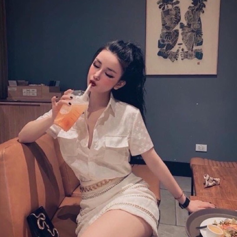 HV - Áo sơ mi lụa gấm cộc tay 2 túi ngực