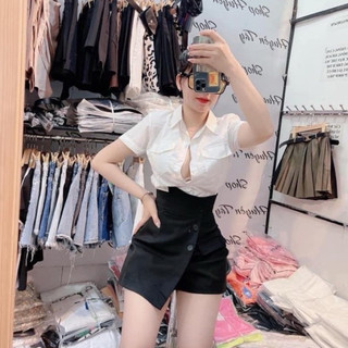 HV - Áo sơ mi lụa gấm cộc tay 2 túi ngực