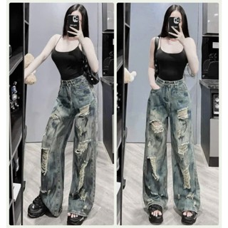 [ORTD5755] QUẦN JEAN ỐNG RỘNG NỮ LƯNG CAO RÁCH CÀO HAI ĐẦU GỐI KÈM VỆT SƠN MÀU XANH ĐẬM PHÁ CÁCH
