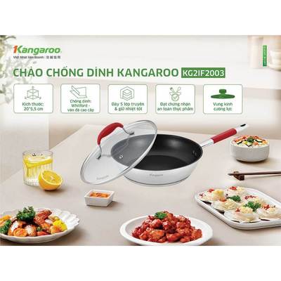 Chảo inox 20cm chống dính vung kính đáy từ Kangaroo KG2IF2003