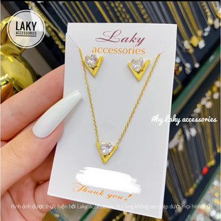 Set dây chuyền, bông tai mặt đá trái tim