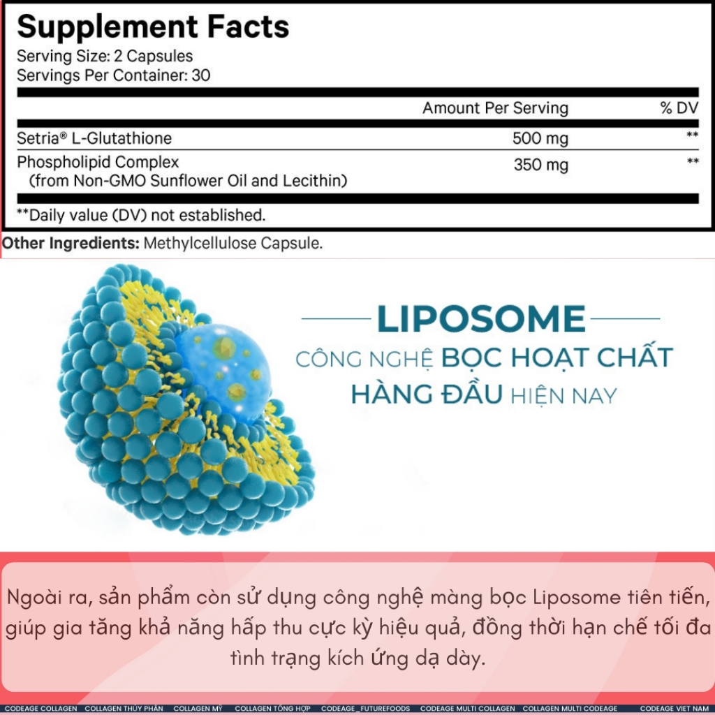 Viên Uống Trắng Da CODEAGE Glutathione Liposomal 500mg và 1000mg, Chống Oxy Hóa, Tăng Sinh Collagen