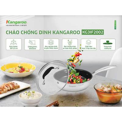 Chảo inox 20cm chống dính vung kính đáy từ Kangaroo KG3IF2002