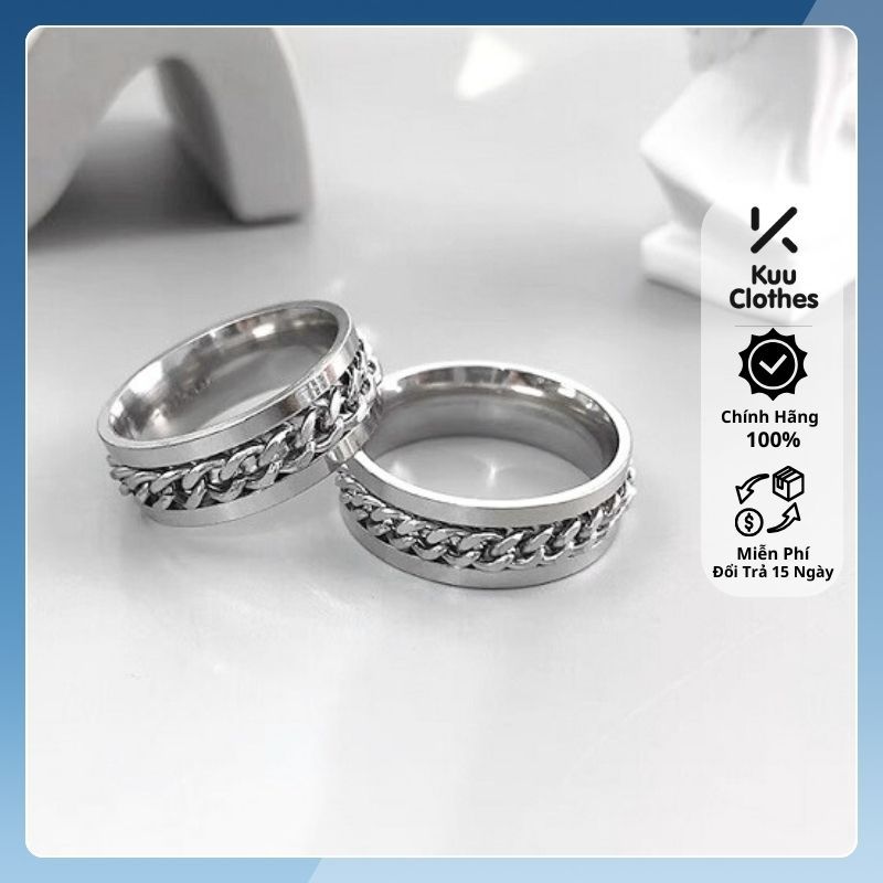 Nhẫn nam titan không gỉ Hiphop TIN Dây Xích Mặt Xoay Kuu Clothes Màu Bạc - Nhẫn Thời Trang Nam Cao Cấp Titan
