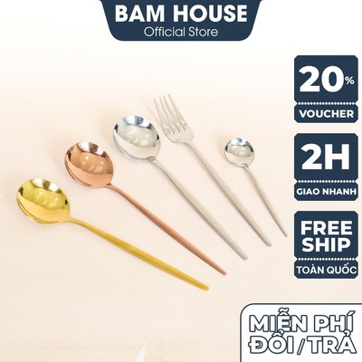 Muỗng soup tròn inox vàng hồng lõi thép Bam House cán nhọn dài cao cấp MVH01
