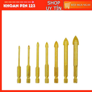  Mũi khoan kính khoan gạch chuôi lục giác đầu 2 cạnh màu vàng chống rỉ size lẻ 3-6-8-10mm 