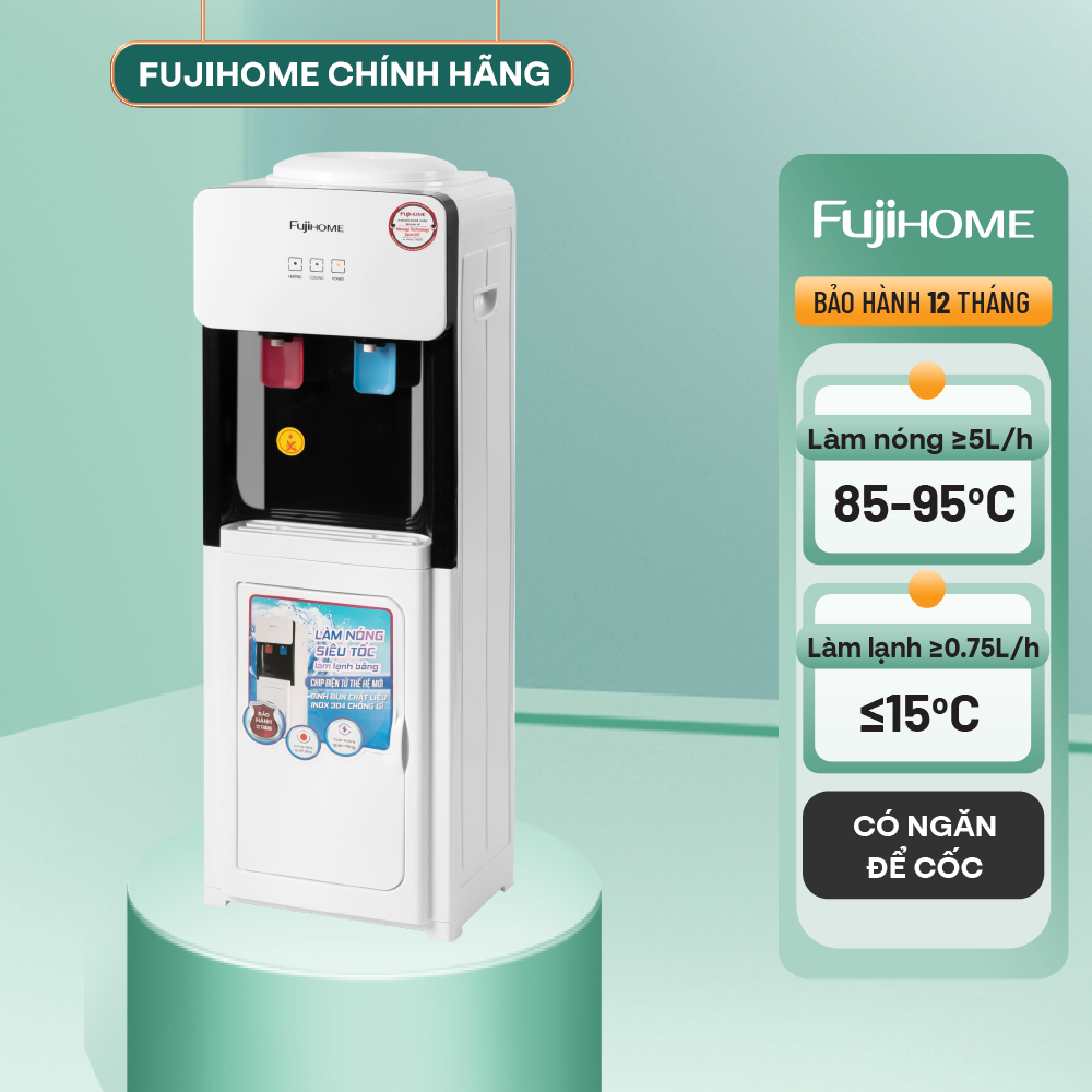 Cây nước nóng lạnh nhập khẩu FUJIHOME WD2002E có ngăn để cốc chén, tiết kiệm điện -Bảo hành 12 tháng