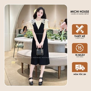 Đầm Suông Michi House Váy Len Motoghi Dáng Xuông Dài Qua Gối Vai Thêu Hoa K168