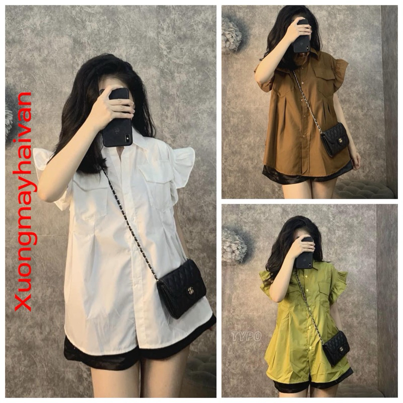 HV - Áo sơ mi cánh tiên bánh bèo, sơ mi kẻ đính đá cộc tay | BigBuy360 - bigbuy360.vn