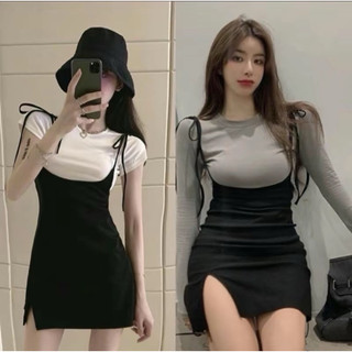 Sét bộ đầm yếm cột dây vai xẻ hông nữ tính kèm áo thun nữ tay ngắn Cotton Women Dress gp21