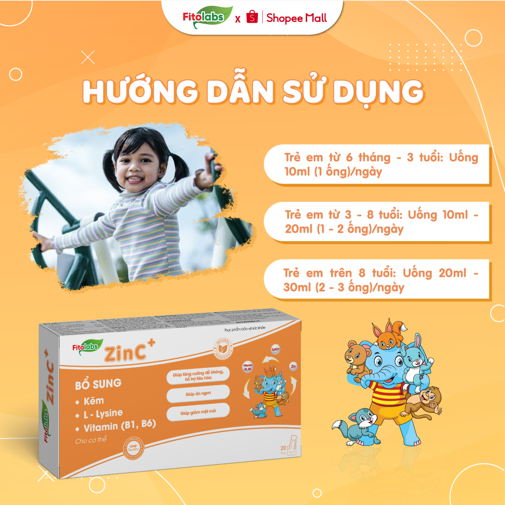 Kẽm Hữu Cơ Cho Bé Fitolabs ZinC Cho Bé Giúp Tăng Sức Đề Kháng, Kích Thích Ăn Ngon, Hấp Thu Tốt Hộp 20 Ống FITO10