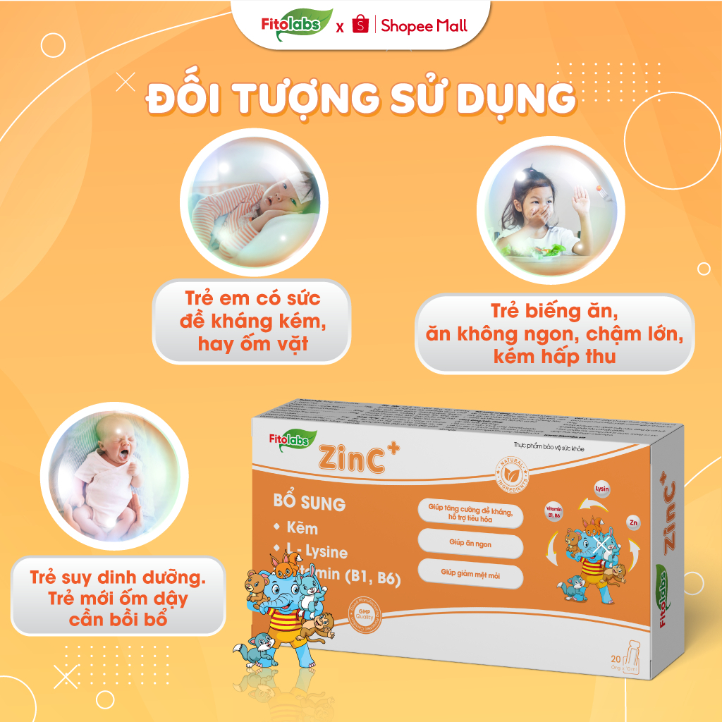 Kẽm Hữu Cơ Cho Bé Fitolabs ZinC Cho Bé Giúp Tăng Sức Đề Kháng, Kích Thích Ăn Ngon, Hấp Thu Tốt Hộp 20 Ống FITO10