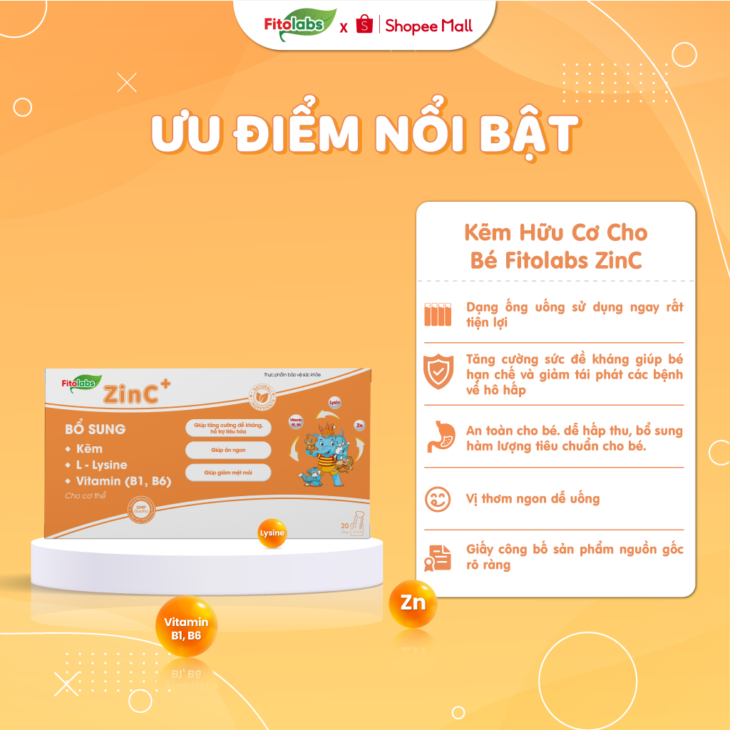 Kẽm Hữu Cơ Cho Bé Fitolabs ZinC Cho Bé Giúp Tăng Sức Đề Kháng, Kích Thích Ăn Ngon, Hấp Thu Tốt Hộp 20 Ống FITO10