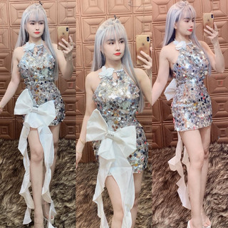 đầm body yếm kim sa đính nơ dự tiệc hình thật