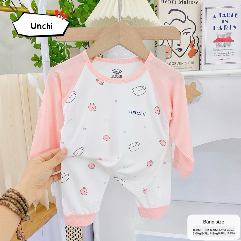 Đồ bộ dài tay UNCHI peptit bé trai bé gái tay pha màu họa tiết mới 2022