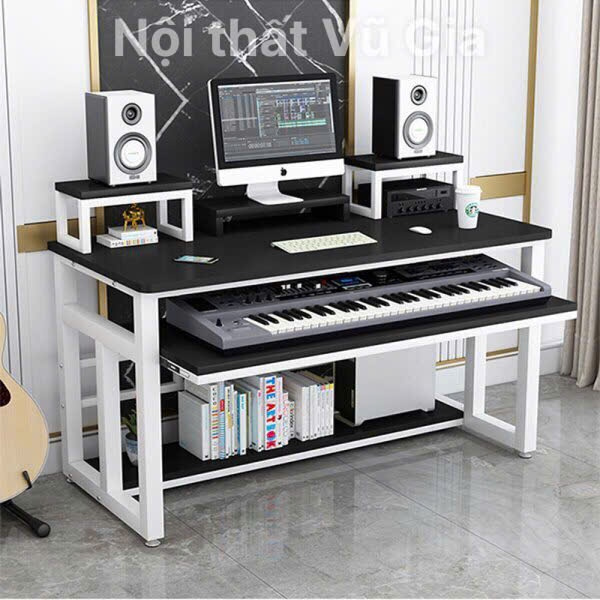 Bàn làm việc, bàn học, bàn để đàn, bàn chân sắt hiện đại có ngăn kéo để đàn và kệ màn hình, bàn có k