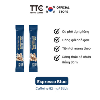 2 gói Cà phê Espresso Blue hiệu Tethys, công thức chứa Hồng Sâm, x 2 tỉnh táo, 10ml/gói, Caffeine 82mg/ gói