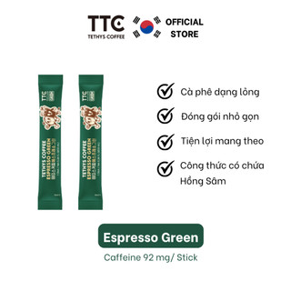 2 gói Cà phê Espresso Green hiệu Tethys, công thức chứa Hồng Sâm, x 2 tỉnh táo, 10ml/ gói, caffeine 92mg/gói