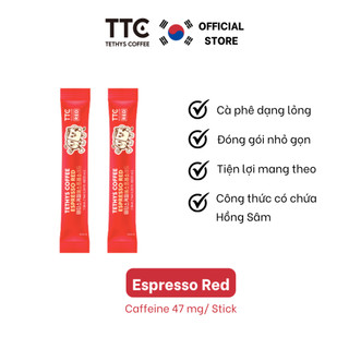 2 gói Cà phê Espresso Red hiệu Tethys, công thức chứa Hồng Sâm Hàn Quốc, X2 tỉnh táo, 10ml/ gói, caffeine 47mg/gói