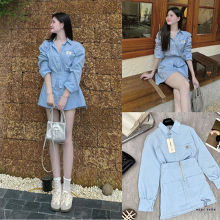 Set Đồ Nữ Áo Sơ Mi Dài Tay Xanh Hot Trend Mix Chân Váy Chữ A Công Sở Xinh Xỉu_C14