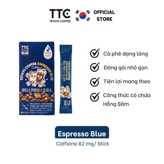 Hộp 10 gói Cà phê Espresso Blue hiệu Tethys, công thức có chứa Hồng Sâm, x 2 tỉnh táo, 10ml/ gói, caffeine 82mg/ gói