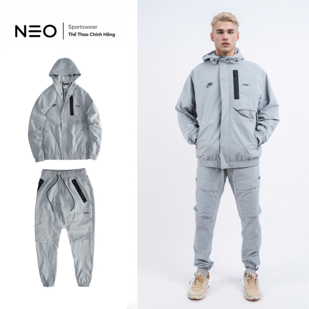 Đồ Bộ Thể Thao Nam Có Mũ, Màu Xám Vải Poly, Có Zip Kéo N.KE Air Max Pro Training Neoshophn