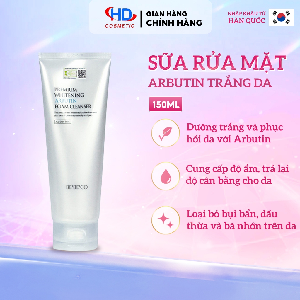 [BEBECO] Sữa rửa mặt trắng da, mờ nám chống lão hóa Cao cấp BEBECO Whitening Arbutin 150ml - DA01