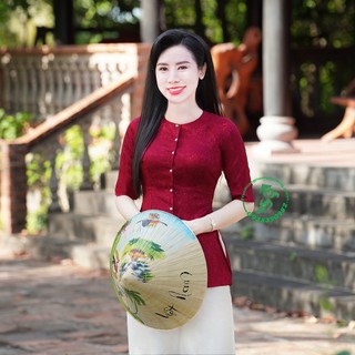Áo bà ba nữ vải gấm lụa màu đỏ đô hoa mai nhí, tay ngắn, cổ tròn, có túi - Nam Phương CTN04Rt