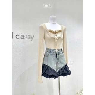 Coshe áo len dài tay cúp cổ bèo dúng nhẹ thắt nơ vải len mỏng mịn cao cấp mặc thoáng mát đi chơi cùng bạn bè