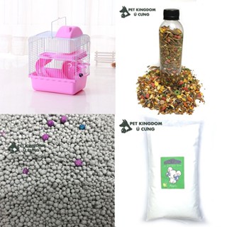  combo lồng hamster - thức ăn - lót chuồng - cát tắm 