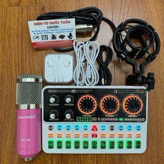 combo thu âm livestream màu hồng cá tính Mic WOAICHANG BM900 + sound card k900 tặng kèm tai nghe nhét đầy đủ dây kết nối