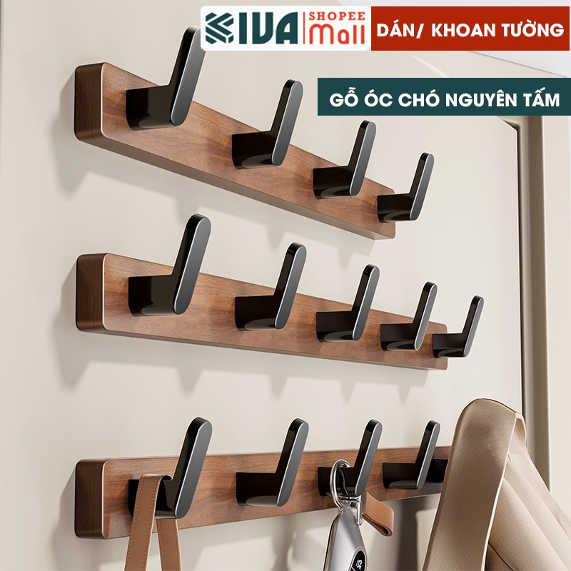 Thanh móc treo đồ chịu lực siêu dính KIVA chất liệu gỗ óc chó lắp đặt dán, khoan tường.