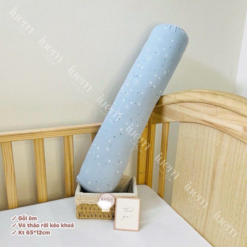 iuem Gối ôm cho bé từ sơ sinh, vỏ xô muslin mềm mát, kt 65*12cm