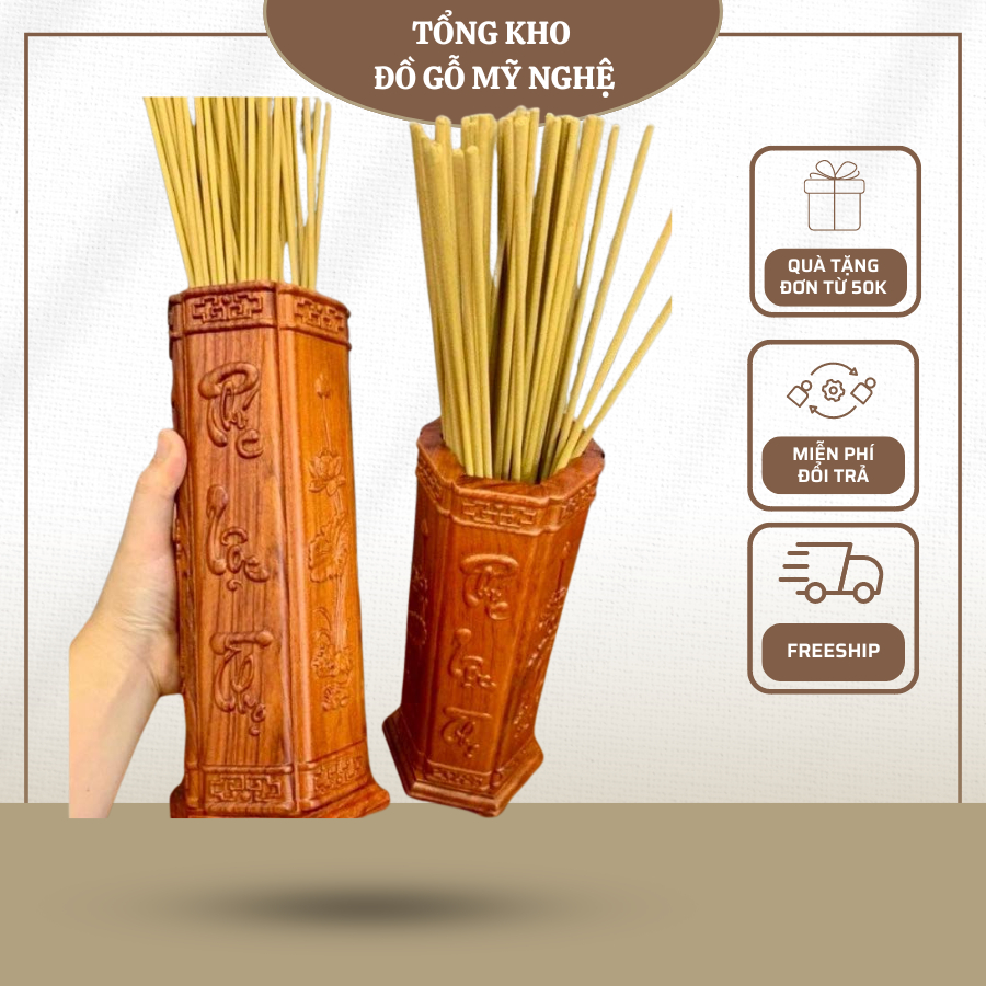  Ống đựng nhang gỗ hương Phúc Lộc Thọ gỗ hương cao 28cm 