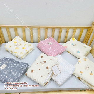 iuem Chăn nhung hạt đậu kết hợp xô muslin, dày vừa, khổ to 1*1,2m, đắp từ sơ sinh tới 3-4 tuổi