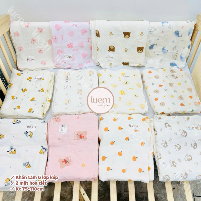 iuem Khăn tắm xô muslin 6 LỚP DÀY dặn 75*110cm (+-2cm), mềm mịn, không bụi vải, đa năng làm chăn