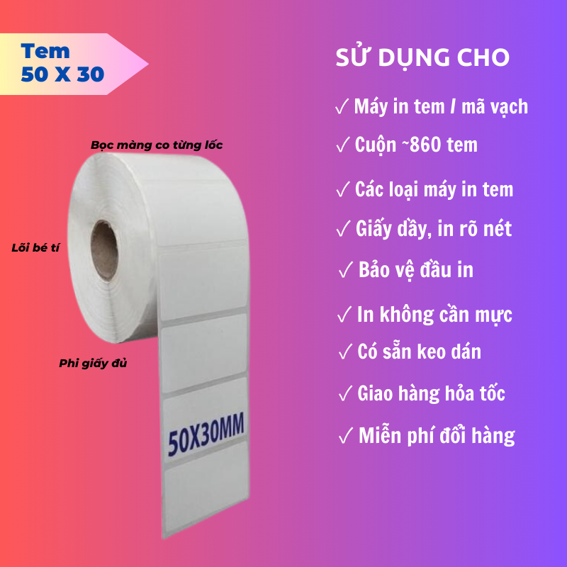 Giấy in tem trà sữa 50x30mm (~800tem/cuộn)