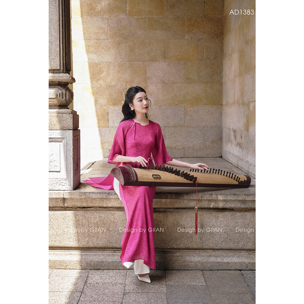 Áo dài cách tân nữ hoa nhí Giian dáng suông 4 tà thiết kế cổ tròn tay loe họa tiết in nổi đính nơ ngọc thủ công AD1383 | BigBuy360 - bigbuy360.vn