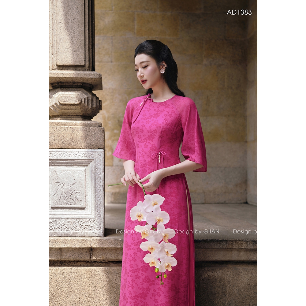 Áo dài cách tân nữ hoa nhí Giian dáng suông 4 tà thiết kế cổ tròn tay loe họa tiết in nổi đính nơ ngọc thủ công AD1383 | BigBuy360 - bigbuy360.vn
