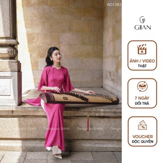 Áo dài cách tân nữ hoa nhí Giian dáng suông 4 tà thiết kế cổ tròn tay loe họa tiết in nổi đính nơ ngọc thủ công AD1383