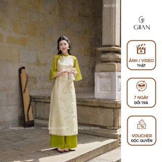 Áo dài cách tân nữ Giian 4 tà dáng suông thiết kế tay loe cổ tròn lệch đính nơ họa tiết hoa in nổi cao cấp AD1378