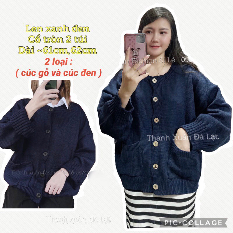 Hình thật Khoác cardigan len đi học, len học sinh màu xanh đen phom rộng uzang, cổ  tròn hai túi