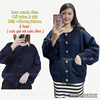 Hình thật Khoác cardigan len đi học, len học sinh màu xanh đen phom rộng uzang, cổ  tròn hai túi