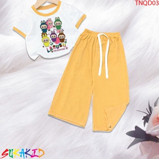 Bộ đồ bé gái tay ngắn quần ống rộng thun gân hình in labubu cho bé 6kg đến 30kg.TNQD03.